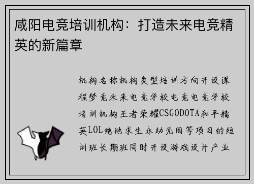 咸阳电竞培训机构：打造未来电竞精英的新篇章